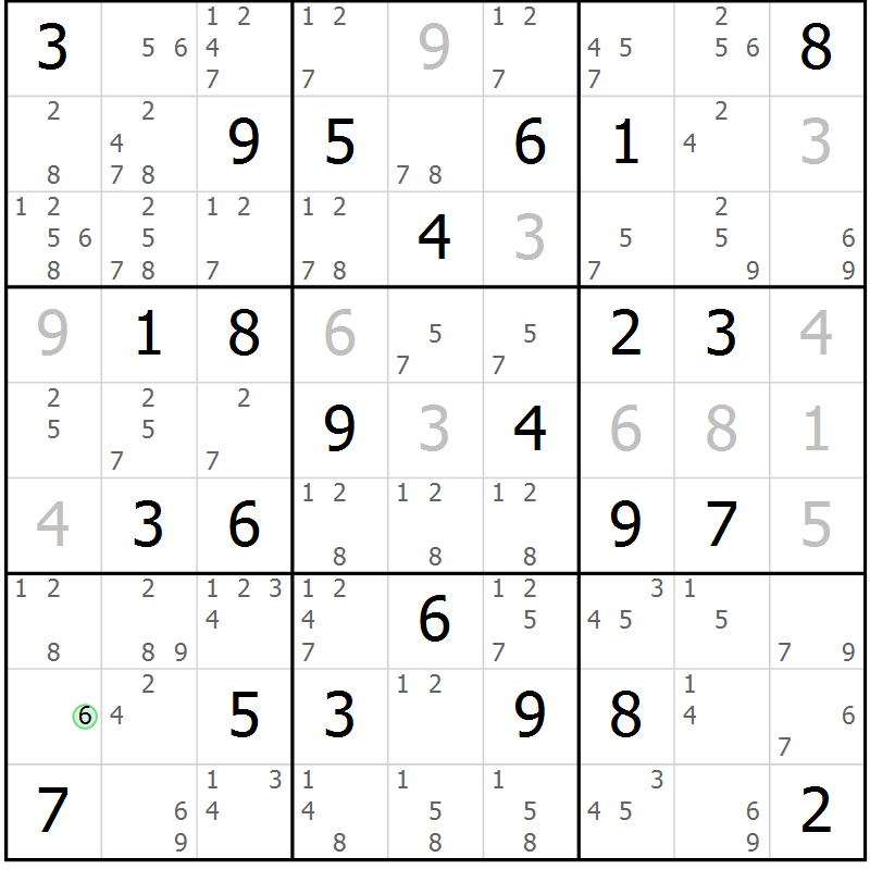 Position des candidats pour la solution de la Gr 69 page 72 du magazine de sudoku Maestro n° 087