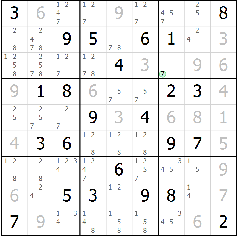 Position des candidats pour la solution de la Gr 69 page 72 du magazine de sudoku Maestro n° 087