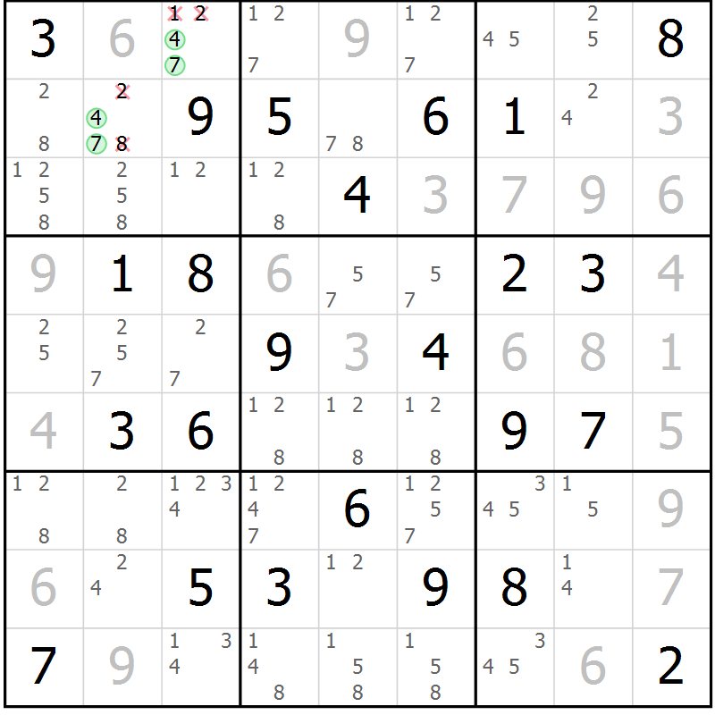 Position des candidats pour la solution de la Gr 69 page 72 du magazine de sudoku Maestro n° 087