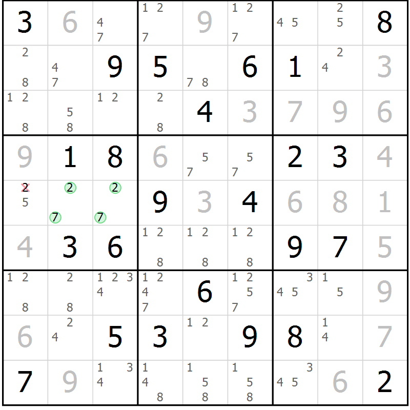 Position des candidats pour la solution de la Gr 69 page 72 du magazine de sudoku Maestro n° 087
