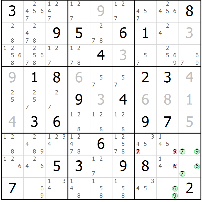 Position des candidats pour la solution de la Gr 69 page 72 du magazine de sudoku Maestro n° 087