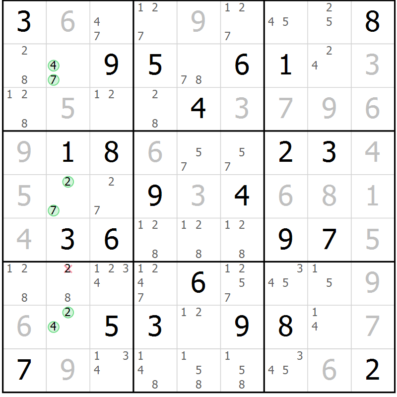 Position des candidats pour la solution de la Gr 69 page 72 du magazine de sudoku Maestro n° 087