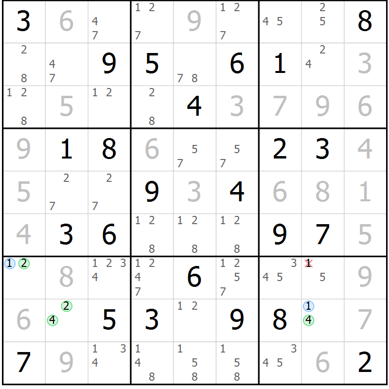 Position des candidats pour la solution de la Gr 69 page 72 du magazine de sudoku Maestro n° 087