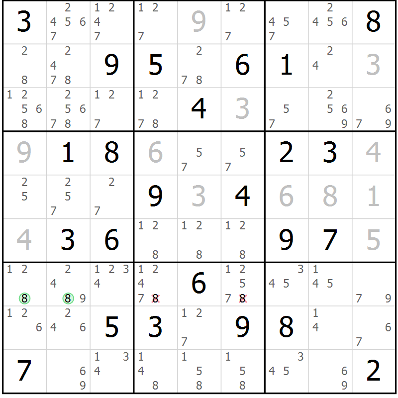Position des candidats pour la solution de la Gr 69 page 72 du magazine de sudoku Maestro n° 087