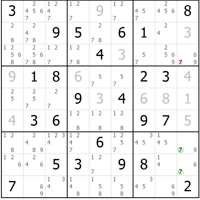 Position des candidats pour la solution de la Gr 69 page 72 du magazine de sudoku Maestro n° 087