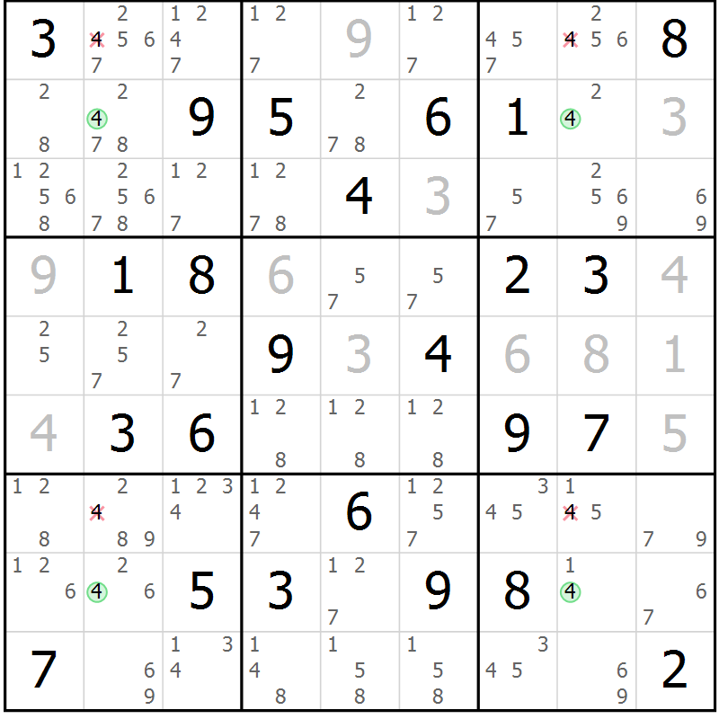Position des candidats pour la solution de la Gr 69 page 72 du magazine de sudoku Maestro n° 087