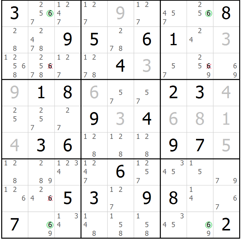 Position des candidats pour la solution de la Gr 69 page 72 du magazine de sudoku Maestro n° 087