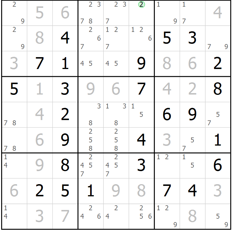 Position des candidats pour la solution de la Gr 7 page 10 du magazine de sudoku Maestro n° 087