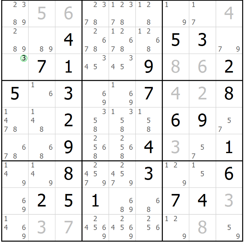 Position des candidats pour la solution de la Gr 7 page 10 du magazine de sudoku Maestro n° 087