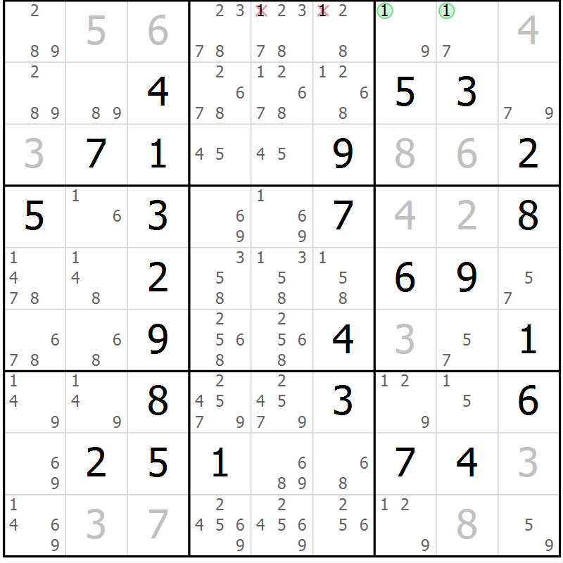 Position des candidats pour la solution de la Gr 7 page 10 du magazine de sudoku Maestro n° 087