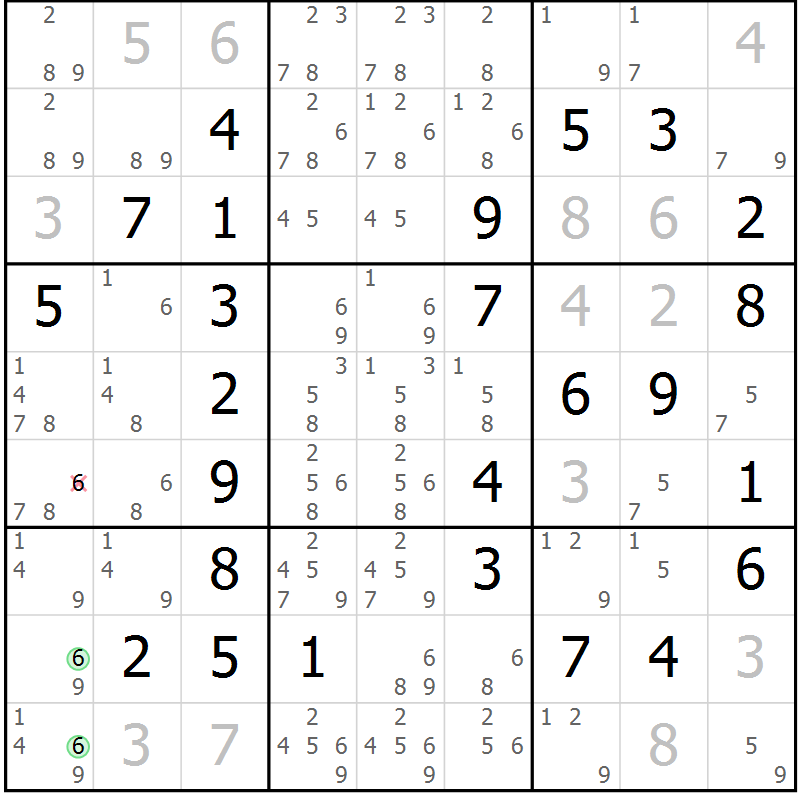 Position des candidats pour la solution de la Gr 7 page 10 du magazine de sudoku Maestro n° 087
