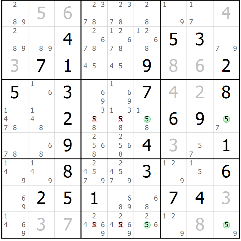 Position des candidats pour la solution de la Gr 7 page 10 du magazine de sudoku Maestro n° 087
