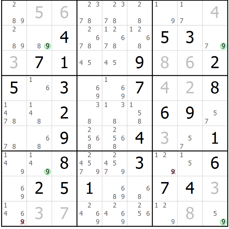 Position des candidats pour la solution de la Gr 7 page 10 du magazine de sudoku Maestro n° 087