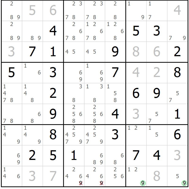 Position des candidats pour la solution de la Gr 7 page 10 du magazine de sudoku Maestro n° 087