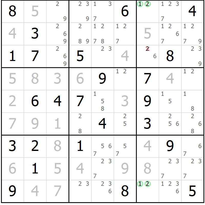 Position des candidats pour la solution de la Gr 70 page 73 du magazine de sudoku Maestro n° 087