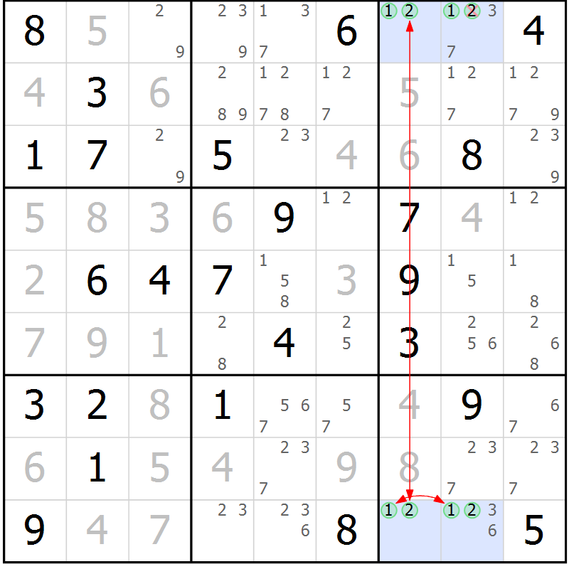 Position des candidats pour la solution de la Gr 70 page 73 du magazine de sudoku Maestro n° 087