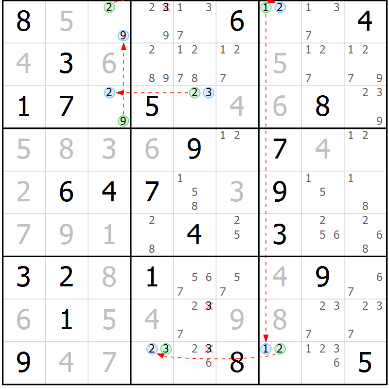 Position des candidats pour la solution de la Gr 70 page 73 du magazine de sudoku Maestro n° 087