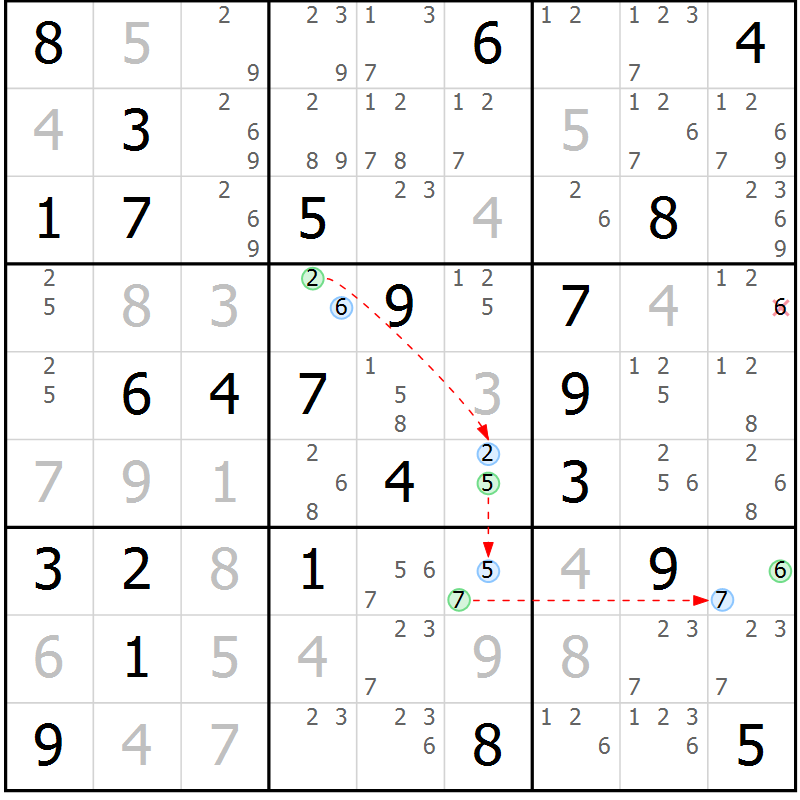 Position des candidats pour la solution de la Gr 70 page 73 du magazine de sudoku Maestro n° 087