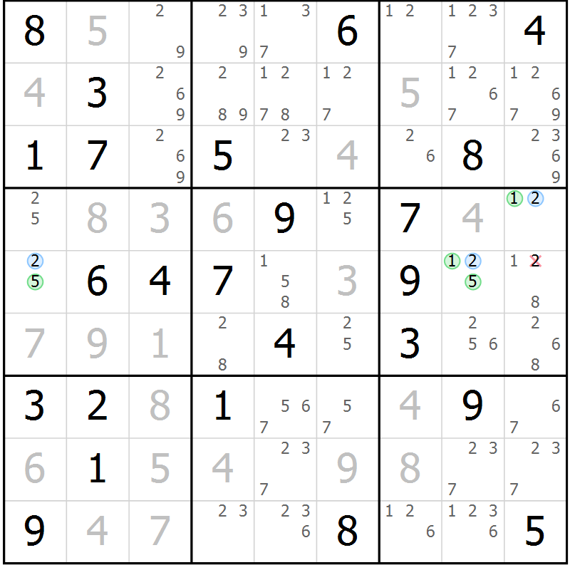Position des candidats pour la solution de la Gr 70 page 73 du magazine de sudoku Maestro n° 087