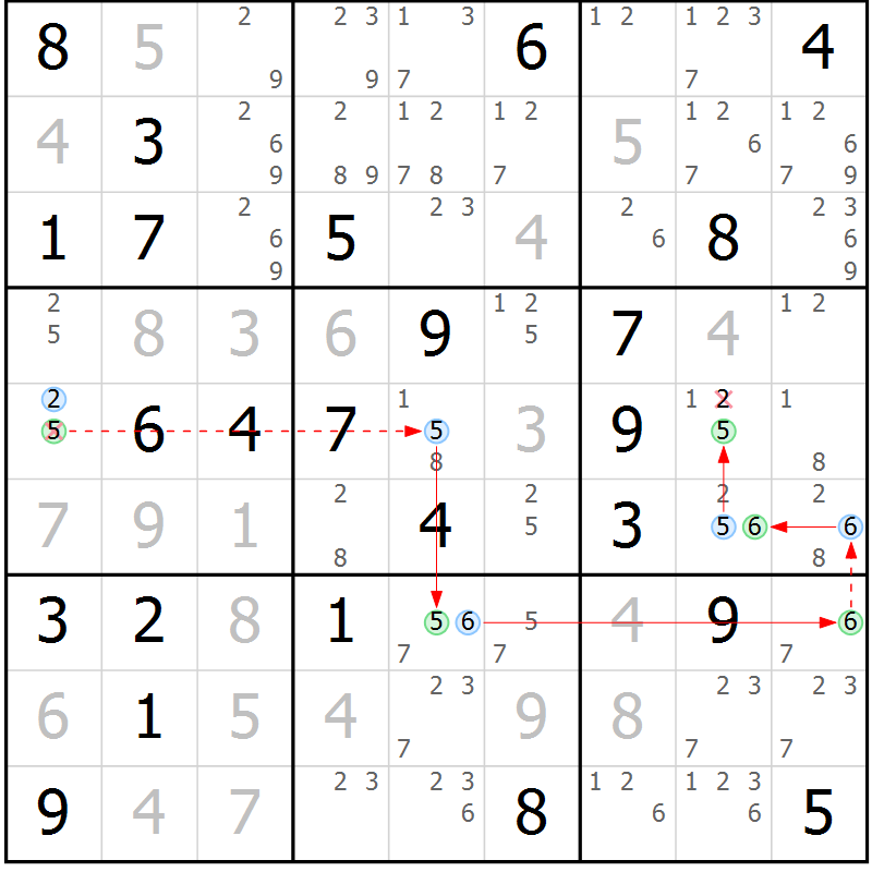Position des candidats pour la solution de la Gr 70 page 73 du magazine de sudoku Maestro n° 087