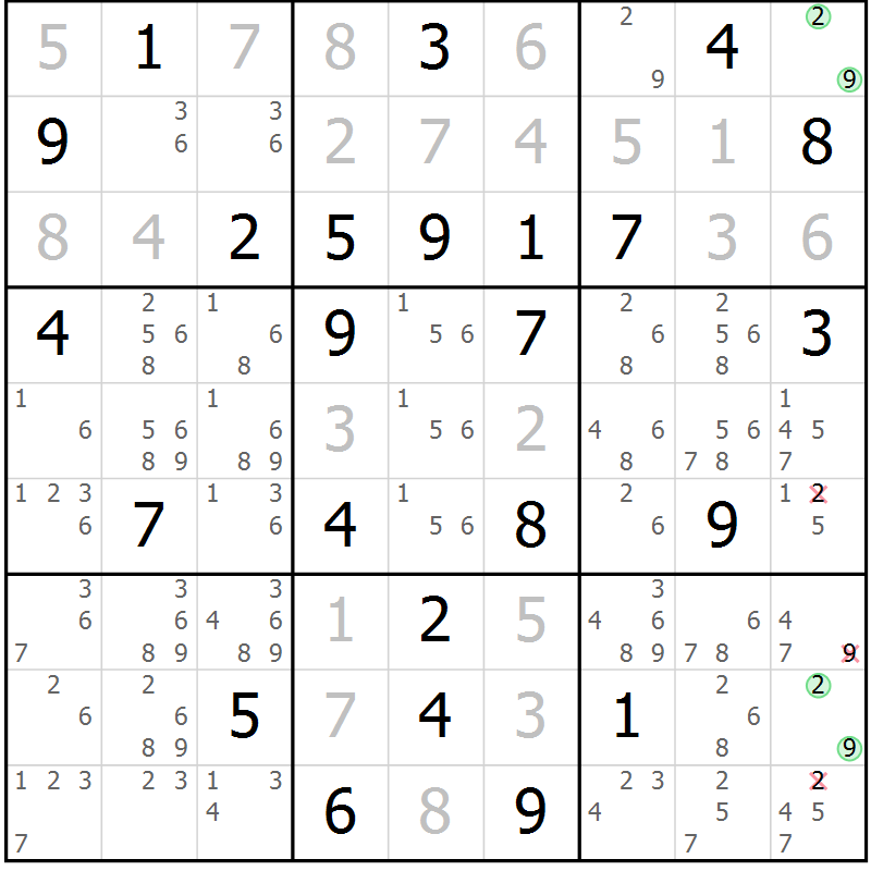 Position des candidats pour la solution de la Gr 72 page 75 du magazine de sudoku Maestro n° 087