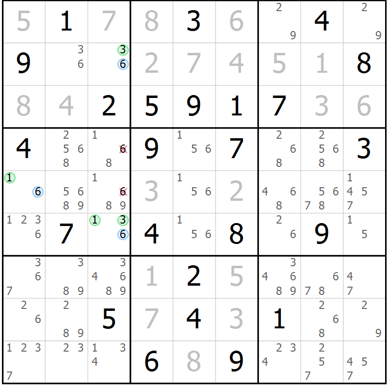 Position des candidats pour la solution de la Gr 72 page 75 du magazine de sudoku Maestro n° 087