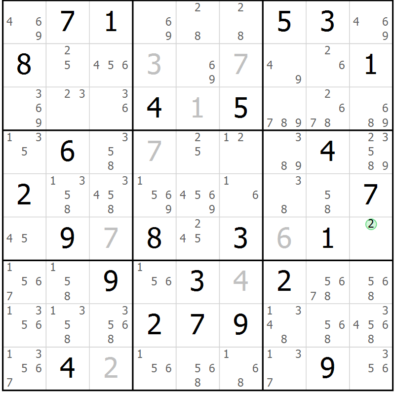 Position des candidats pour la solution de la Gr 73 page 76 du magazine de sudoku Maestro n° 087