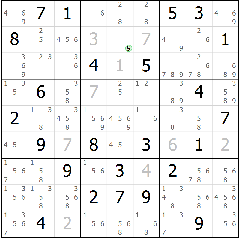 Position des candidats pour la solution de la Gr 73 page 76 du magazine de sudoku Maestro n° 087