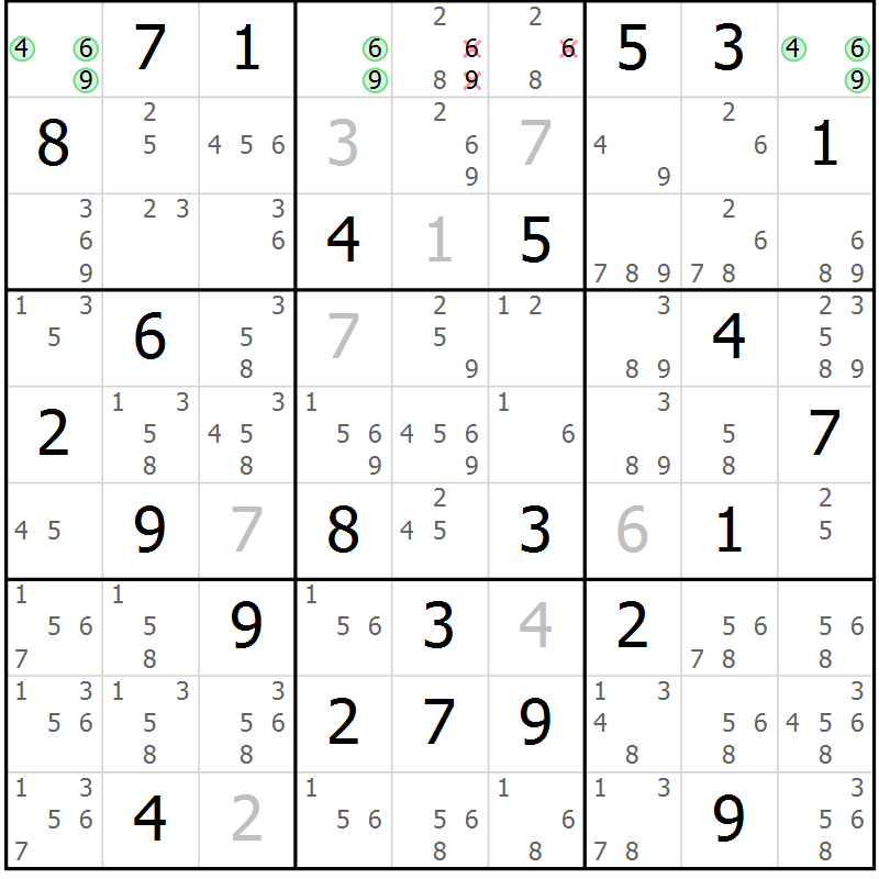 Position des candidats pour la solution de la Gr 73 page 76 du magazine de sudoku Maestro n° 087