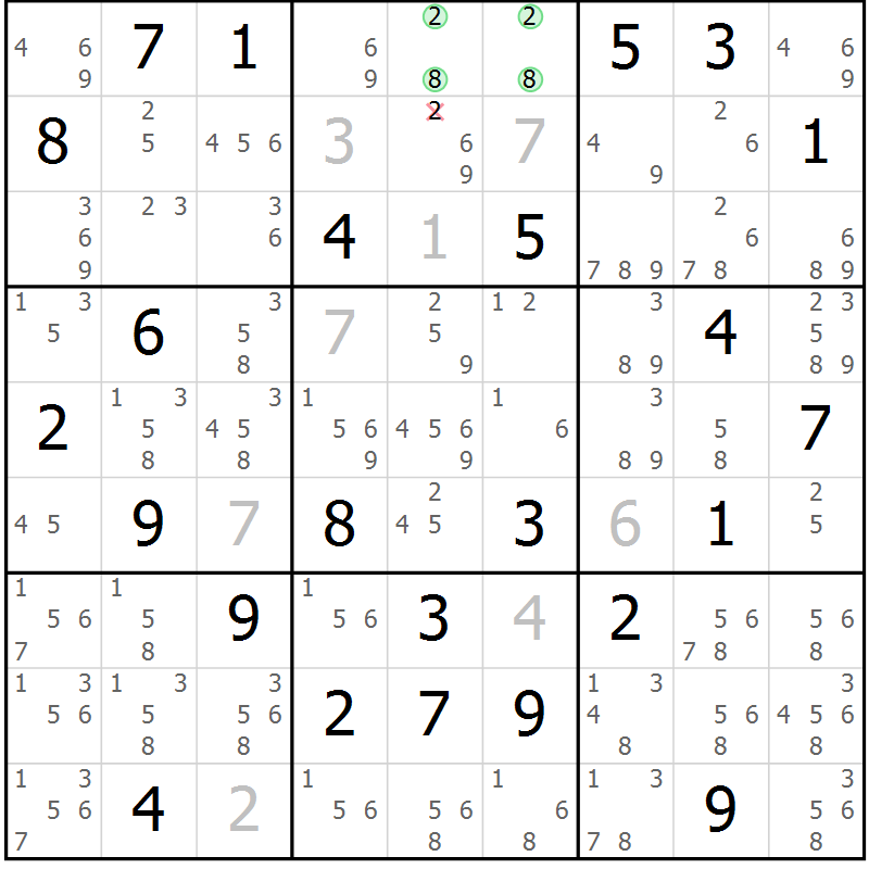 Position des candidats pour la solution de la Gr 73 page 76 du magazine de sudoku Maestro n° 087