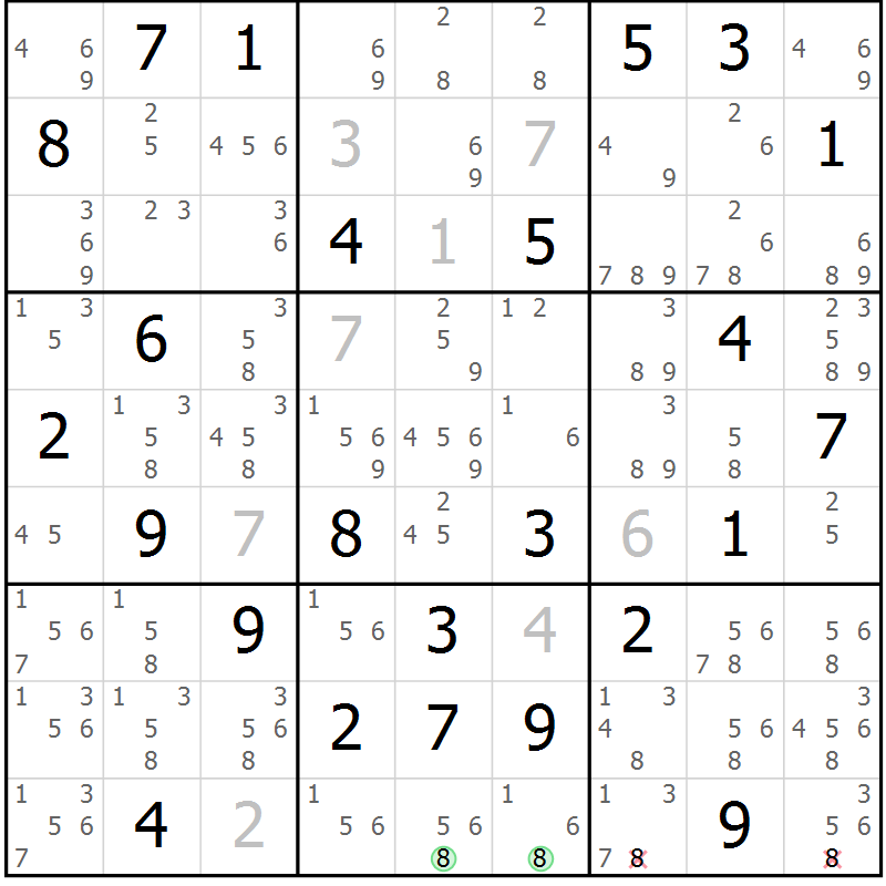 Position des candidats pour la solution de la Gr 73 page 76 du magazine de sudoku Maestro n° 087