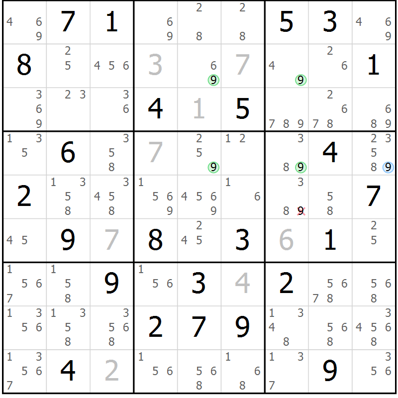 Position des candidats pour la solution de la Gr 73 page 76 du magazine de sudoku Maestro n° 087