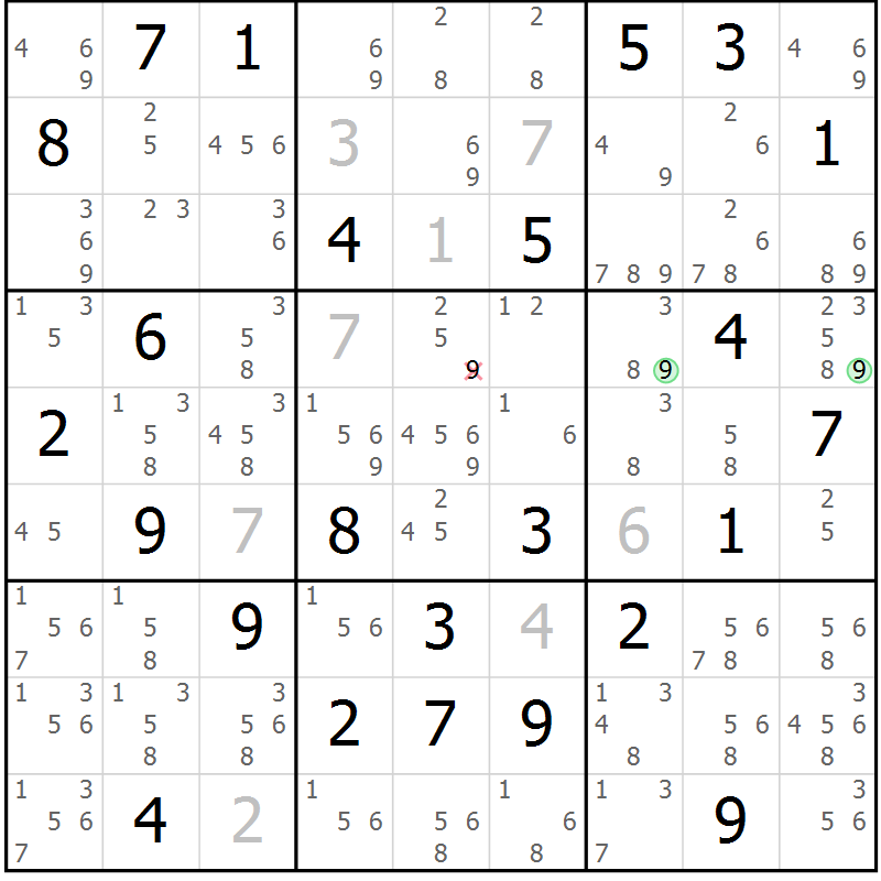 Position des candidats pour la solution de la Gr 73 page 76 du magazine de sudoku Maestro n° 087