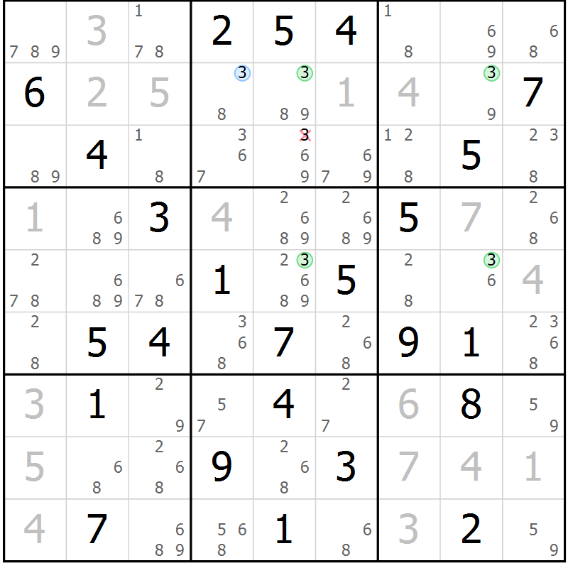 Position des candidats pour la solution de la Gr 74 page 77 du magazine de sudoku Maestro n° 087
