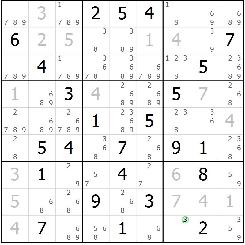 Position des candidats pour la solution de la Gr 74 page 77 du magazine de sudoku Maestro n° 087