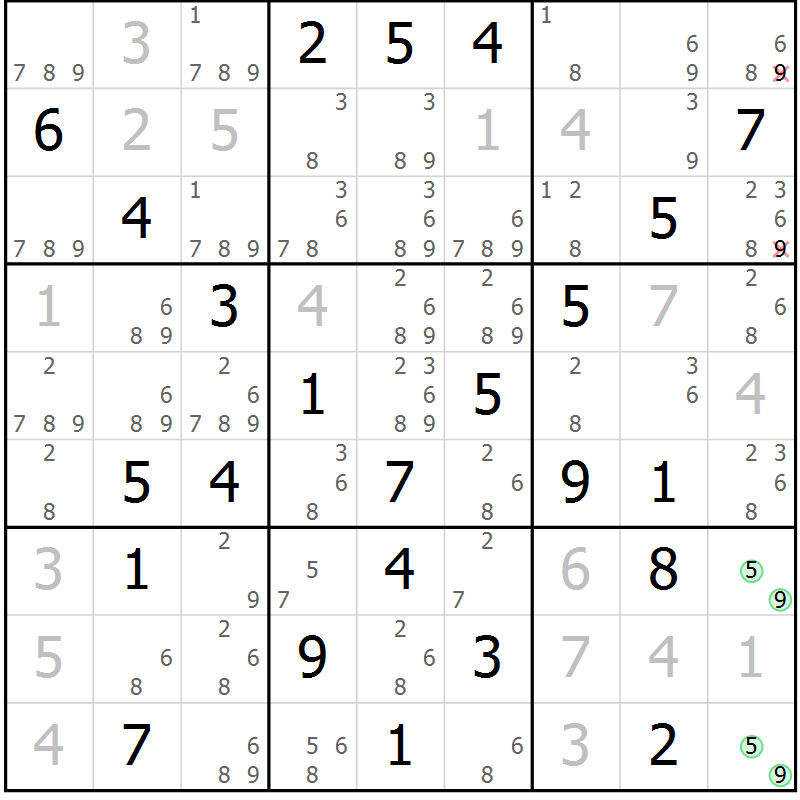 Position des candidats pour la solution de la Gr 74 page 77 du magazine de sudoku Maestro n° 087