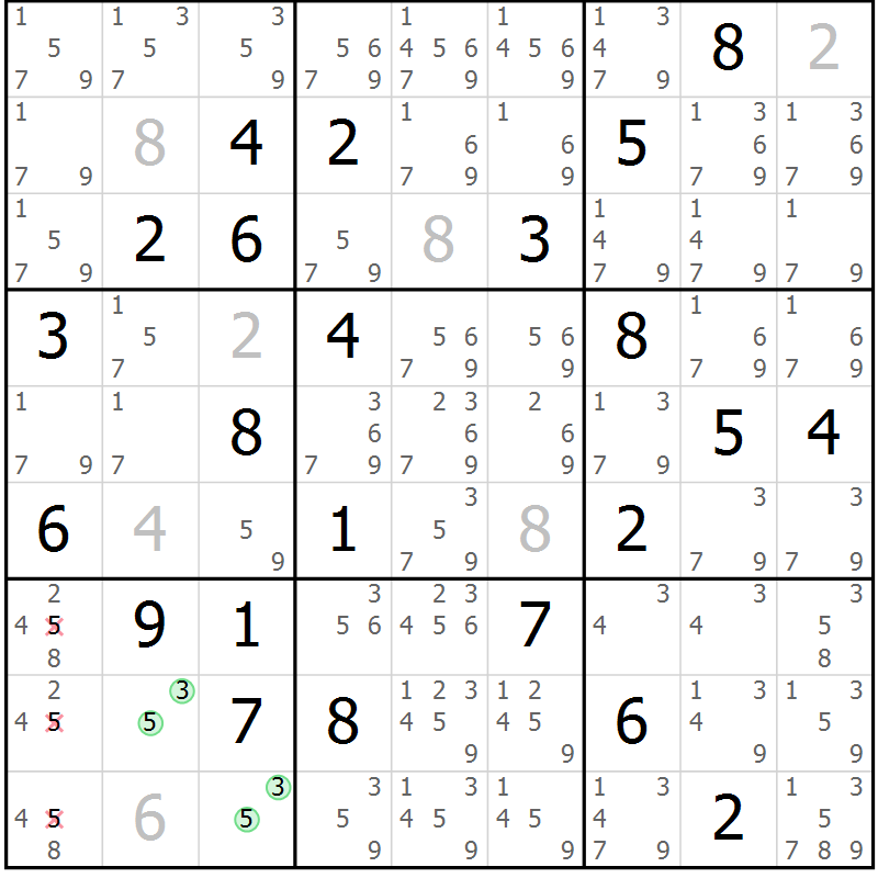 Position des candidats pour la solution de la Gr 75 page 78 du magazine de sudoku Maestro n° 087