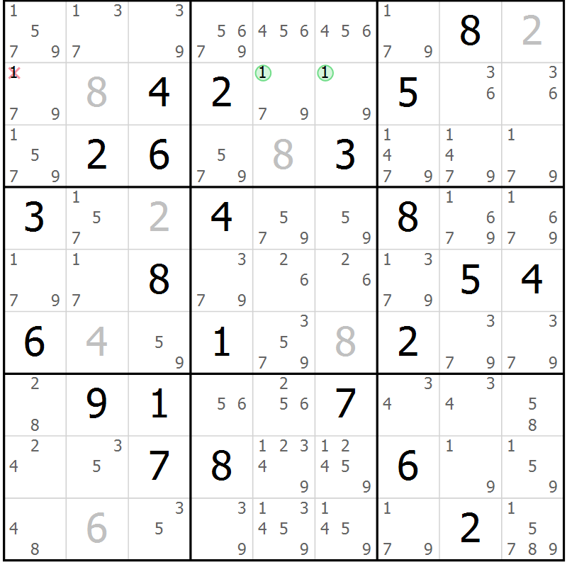 Position des candidats pour la solution de la Gr 75 page 78 du magazine de sudoku Maestro n° 087
