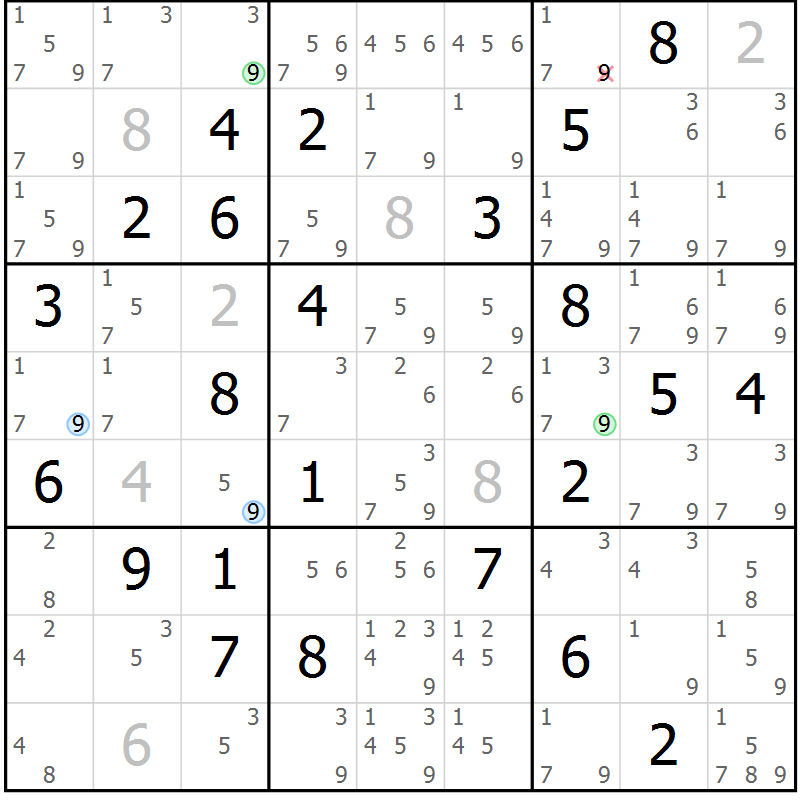 Position des candidats pour la solution de la Gr 75 page 78 du magazine de sudoku Maestro n° 087