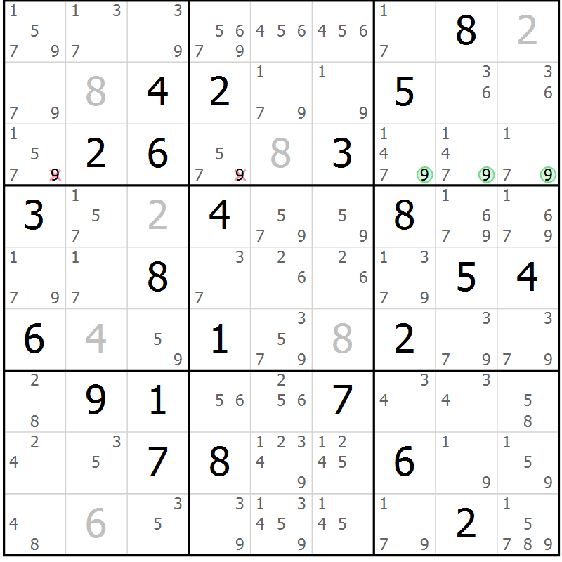 Position des candidats pour la solution de la Gr 75 page 78 du magazine de sudoku Maestro n° 087