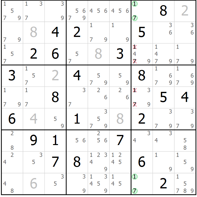 Position des candidats pour la solution de la Gr 75 page 78 du magazine de sudoku Maestro n° 087