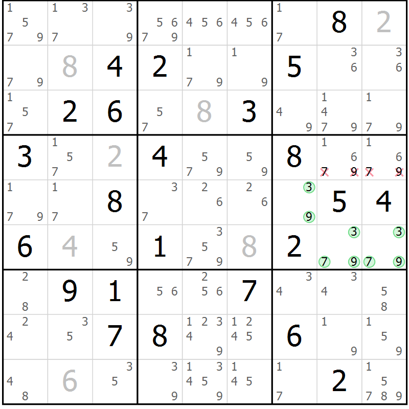 Position des candidats pour la solution de la Gr 75 page 78 du magazine de sudoku Maestro n° 087
