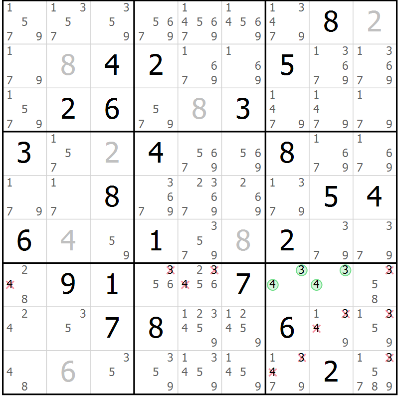 Position des candidats pour la solution de la Gr 75 page 78 du magazine de sudoku Maestro n° 087