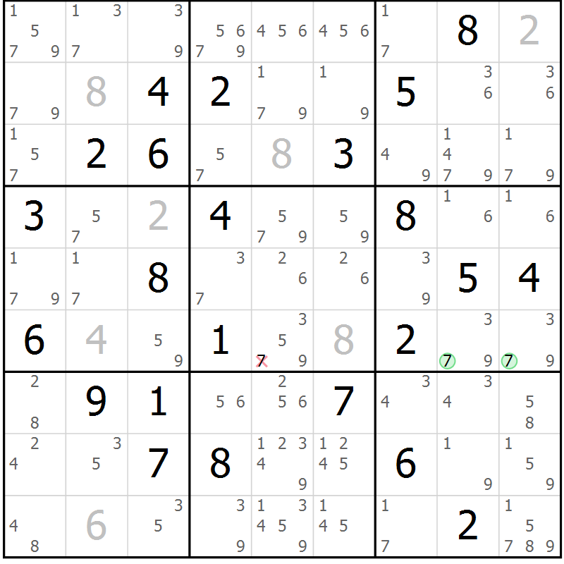 Position des candidats pour la solution de la Gr 75 page 78 du magazine de sudoku Maestro n° 087