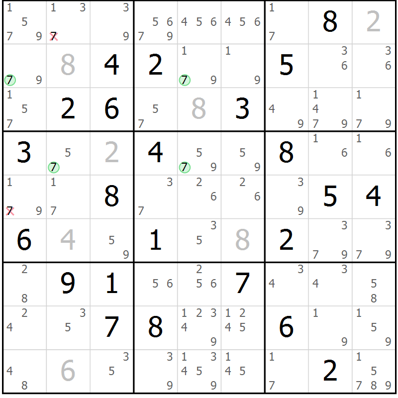 Position des candidats pour la solution de la Gr 75 page 78 du magazine de sudoku Maestro n° 087