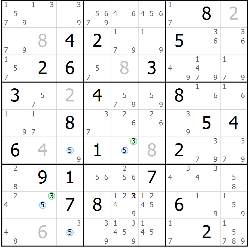 Position des candidats pour la solution de la Gr 75 page 78 du magazine de sudoku Maestro n° 087