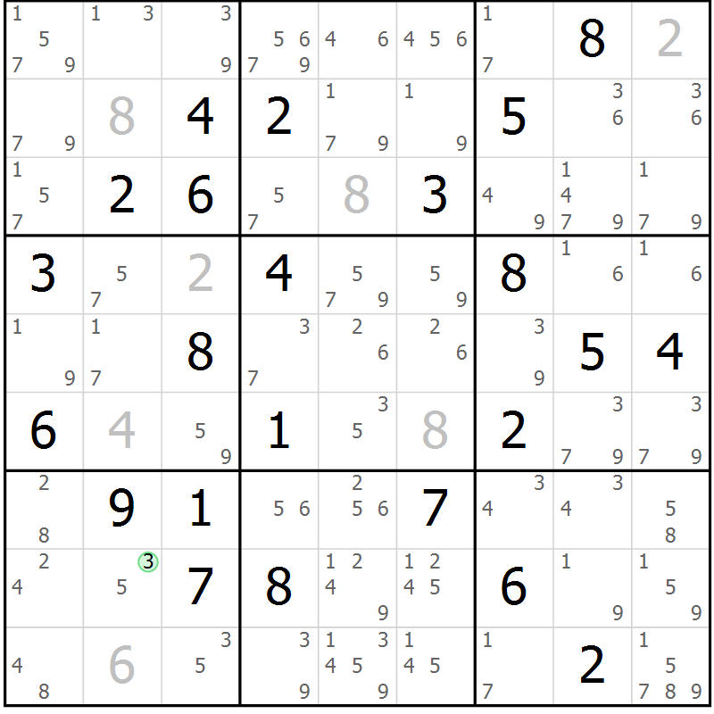 Position des candidats pour la solution de la Gr 75 page 78 du magazine de sudoku Maestro n° 087
