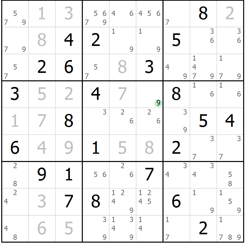 Position des candidats pour la solution de la Gr 75 page 78 du magazine de sudoku Maestro n° 087
