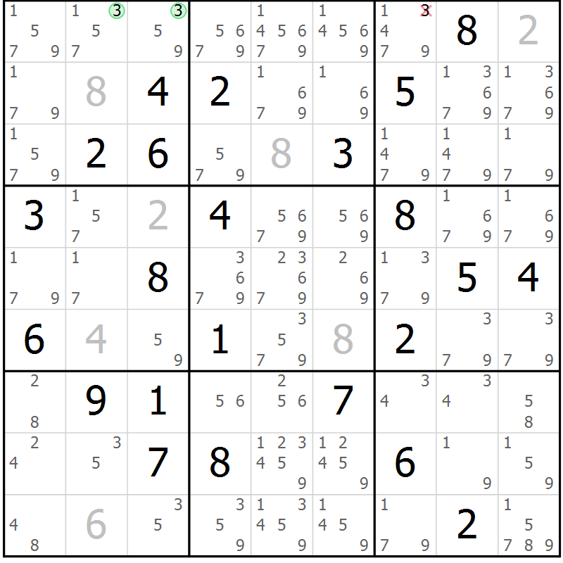 Position des candidats pour la solution de la Gr 75 page 78 du magazine de sudoku Maestro n° 087