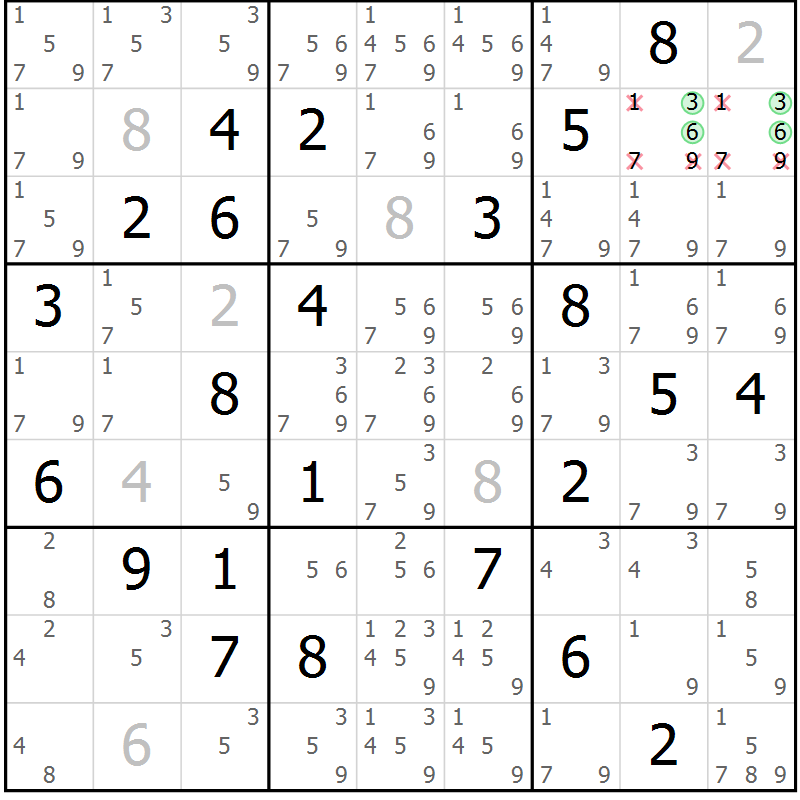Position des candidats pour la solution de la Gr 75 page 78 du magazine de sudoku Maestro n° 087